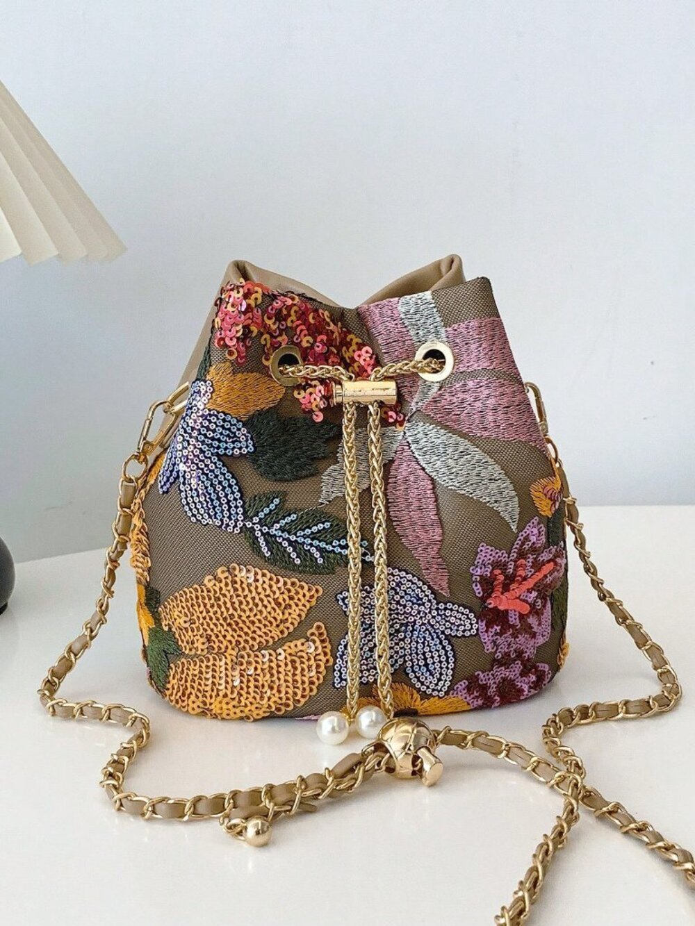 Multicolor Vacation Women's Embroidered Linen Bucket Shoulder Crossbody Bag
